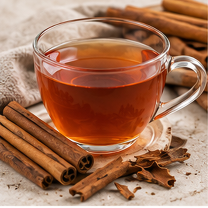 Warm cinnamon bark infusion in a glass cup with broken cinnamon bark pieces on a neutral stone surface