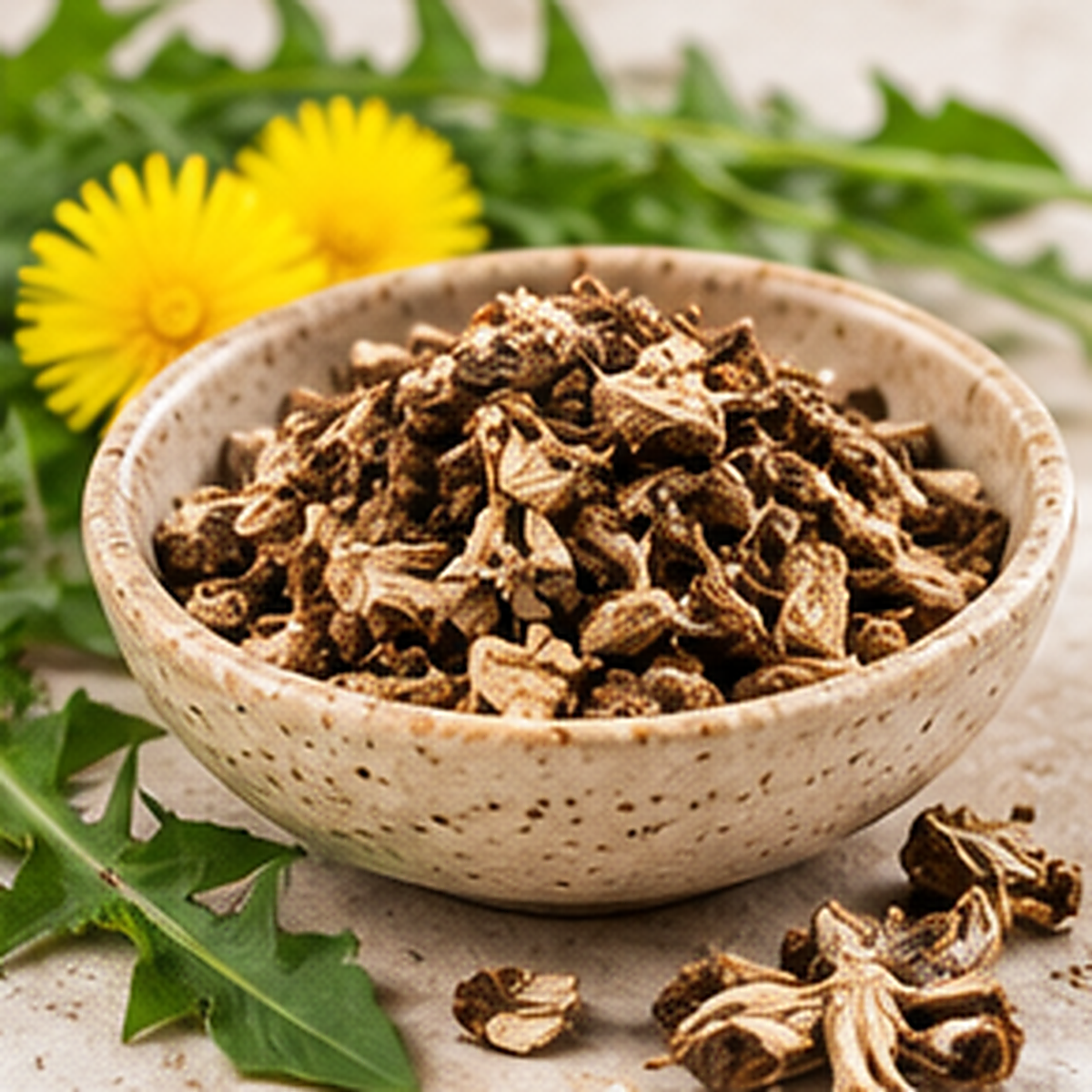 Chopped dried Dandelion Root pieces in a speckled ceramic bowl with yellow dandelion flowers and green leaves