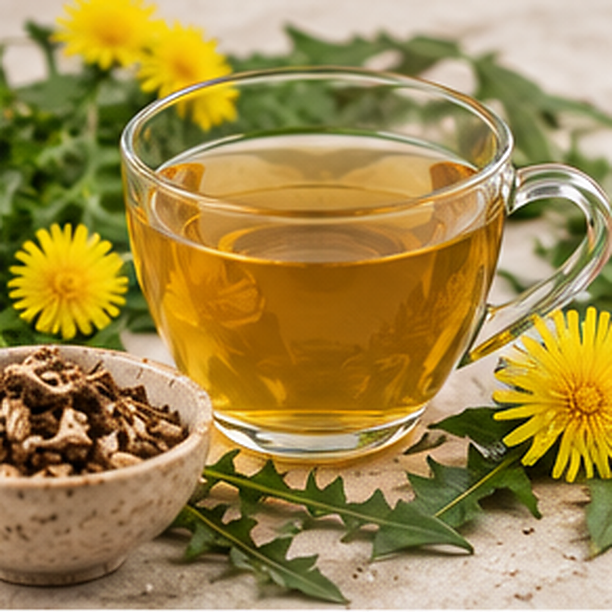 Golden Dandelion Root herbal infusion in a clear glass cup with chopped root, dandelion flowers and leaves