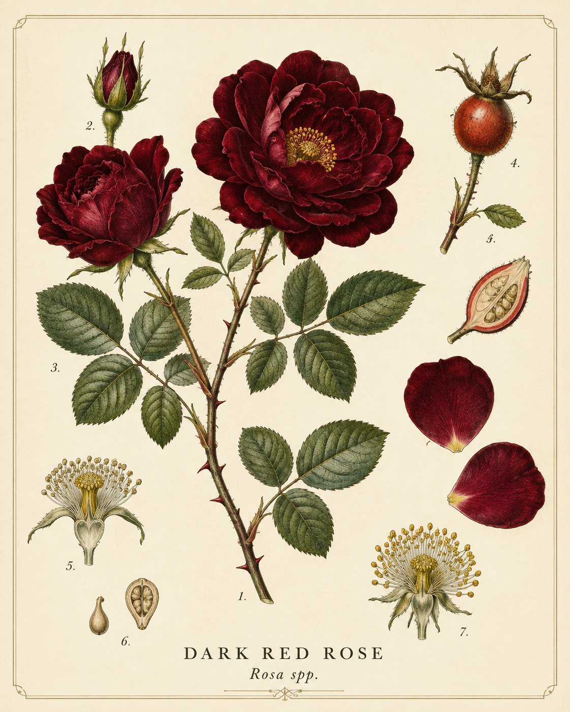 Vintage botanical profile of dark red rose showing deep burgundy flowers, rose bud, thorny stems, serrated leaves, petals and rose hip
