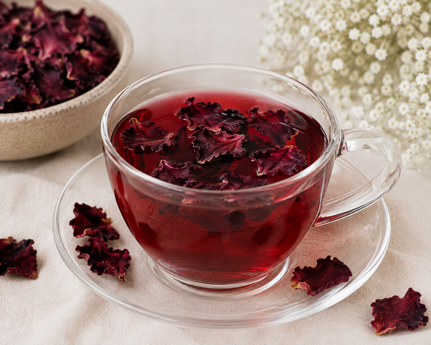 Dark Red Rose Petal herbal tea infusion in a clear glass cup with dried rose petals