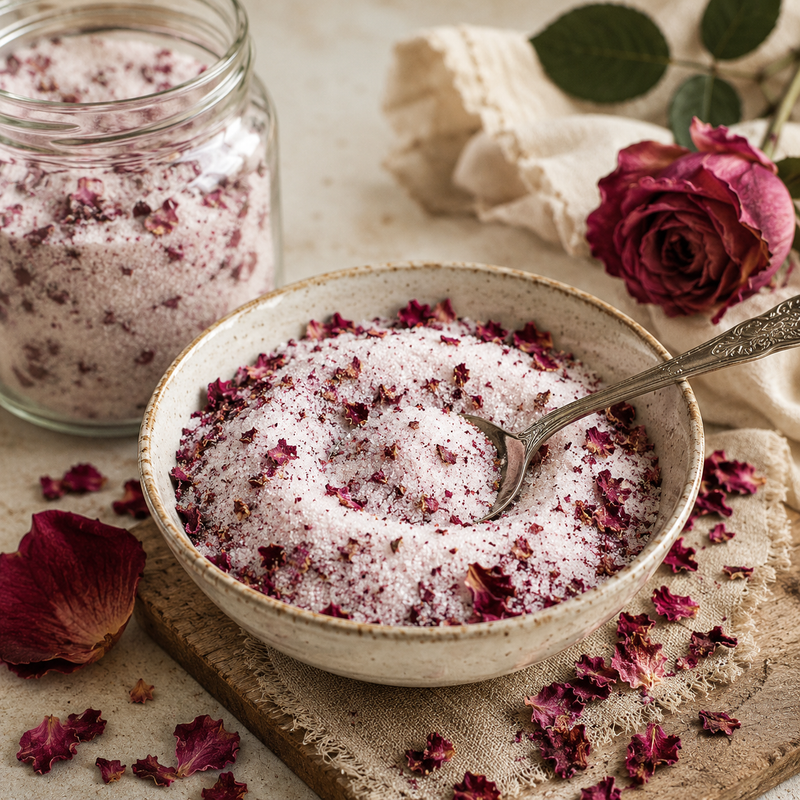 Homemade rose petal sugar blended with dried Dark Red Rose Petals in a ceramic bowl with scattered rose petals