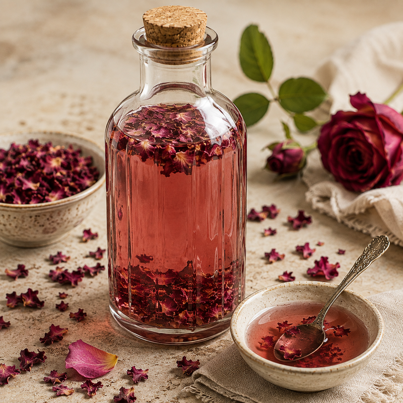 Homemade rose petal syrup infused with dried Dark Red Rose Petals in a glass bottle with deep red roses and scattered petals