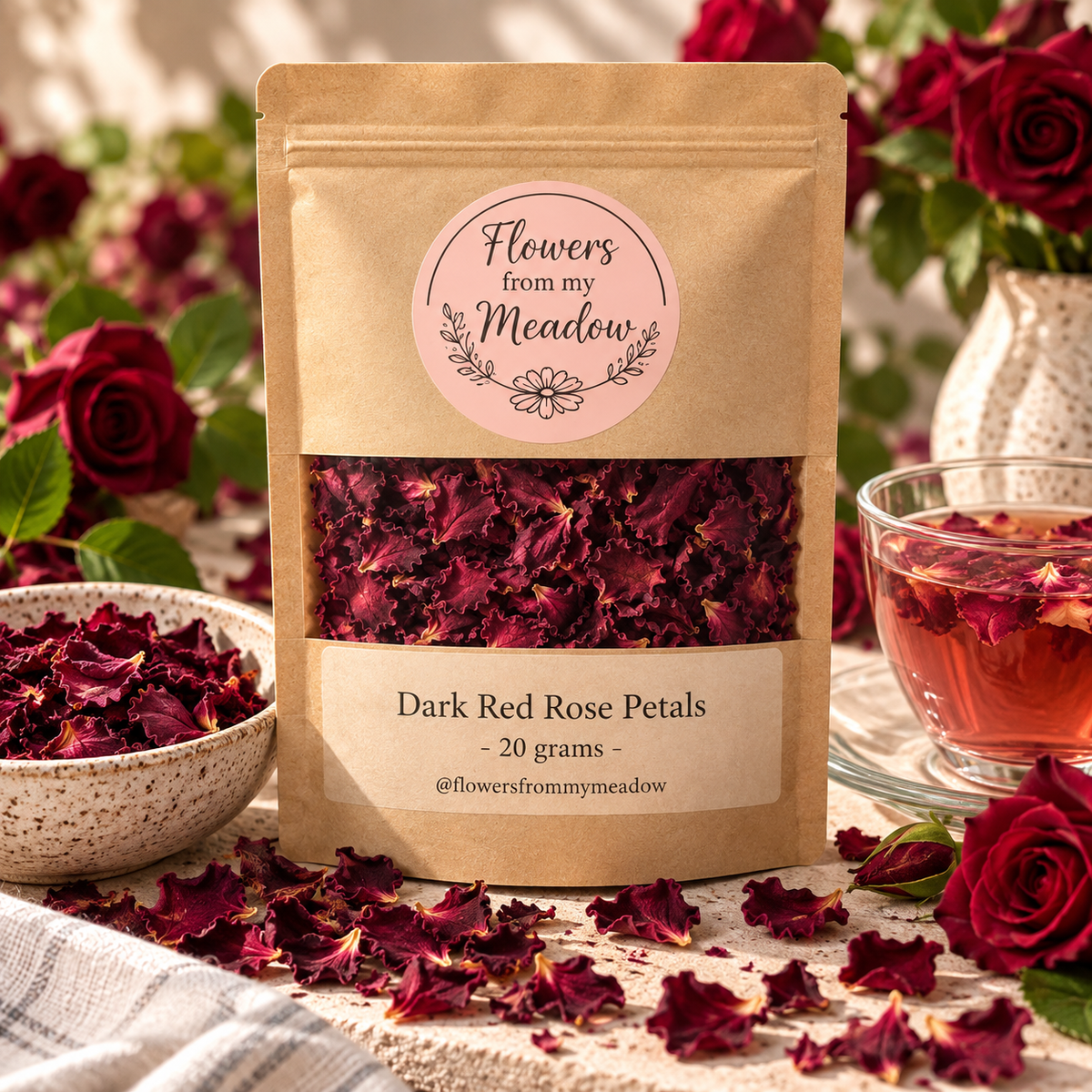Dark Red Rose Petals 20 g resealable kraft pouch filled with dried deep red rose petals, styled with fresh red roses and a ruby botanical infusion