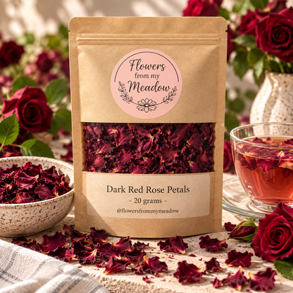 Dark Red Rose Petals 20 g resealable kraft pouch filled with dried deep red rose petals, styled with fresh red roses and a ruby botanical infusion