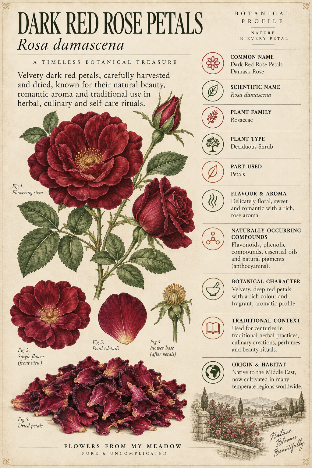 Vintage botanical profile of Dark Red Rose Petals showing Rosa damascena flowers, dried petals and key botanical information