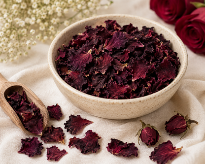 Dried Dark Red Rose Petals in a ceramic bowl showing deep burgundy and wine-red petals