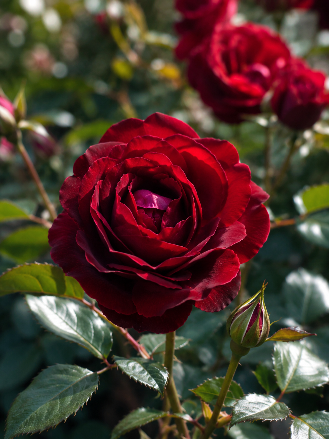 Dark red rose flowering naturally among green foliage with a rose bud and deep burgundy-red petals