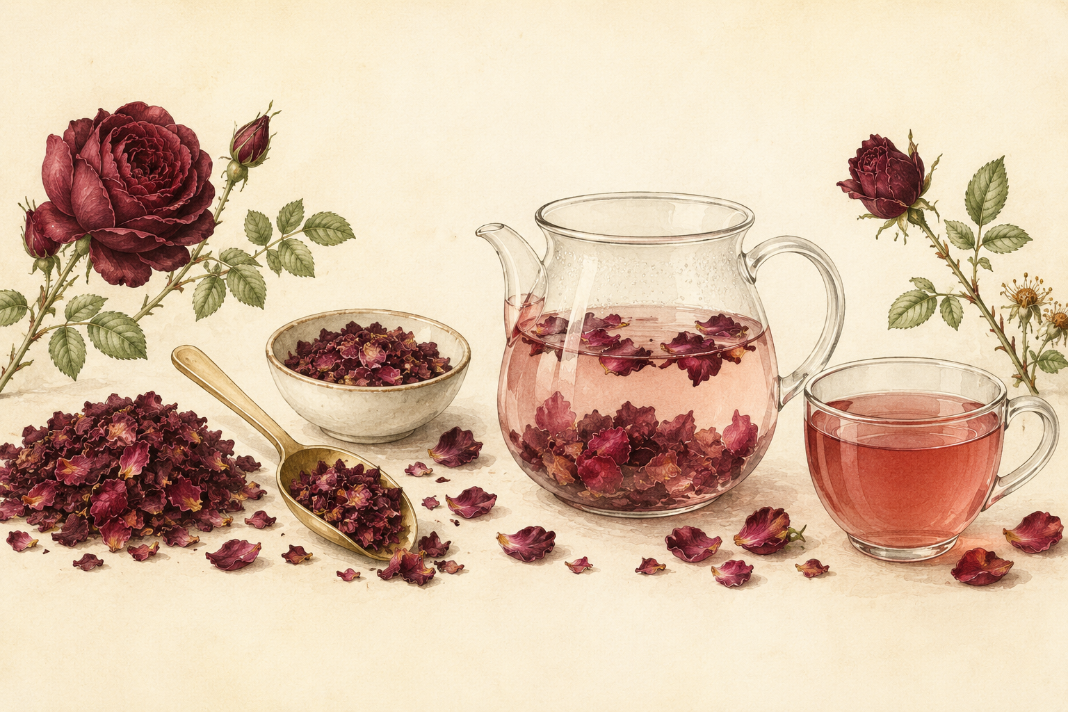 Vintage botanical illustration showing dried Dark Red Rose Petals, measured petals, a glass teapot steeping rose tea and a finished rose infusion