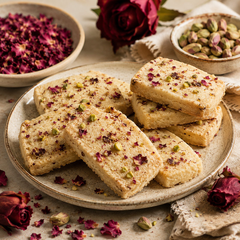 Rose and pistachio shortbread biscuits made with dried Dark Red Rose Petals and chopped pistachios