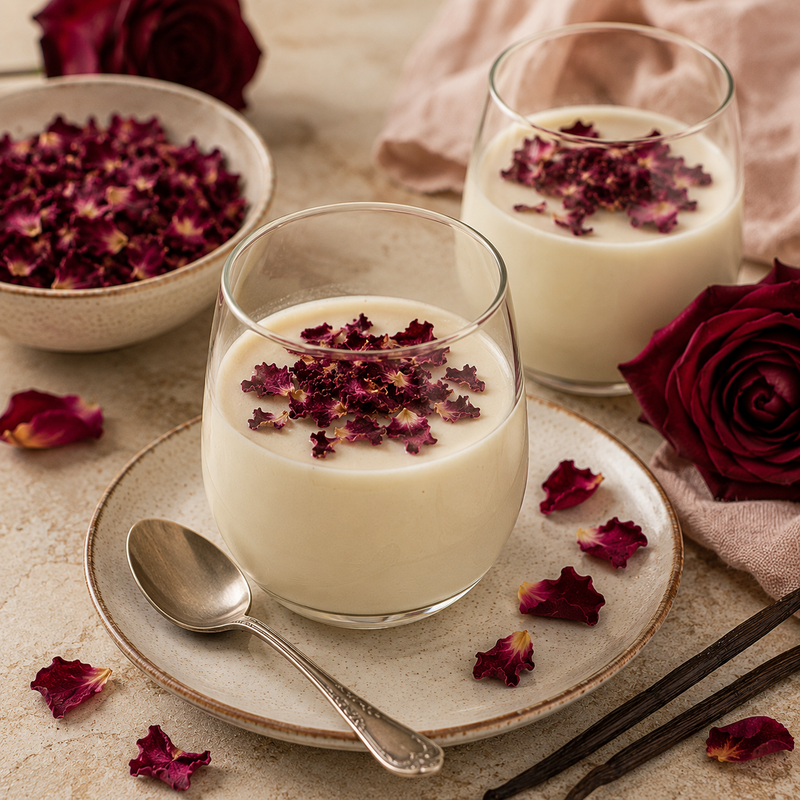 Rose and vanilla panna cotta topped with dried Dark Red Rose Petals and served with vanilla pods and deep red roses
