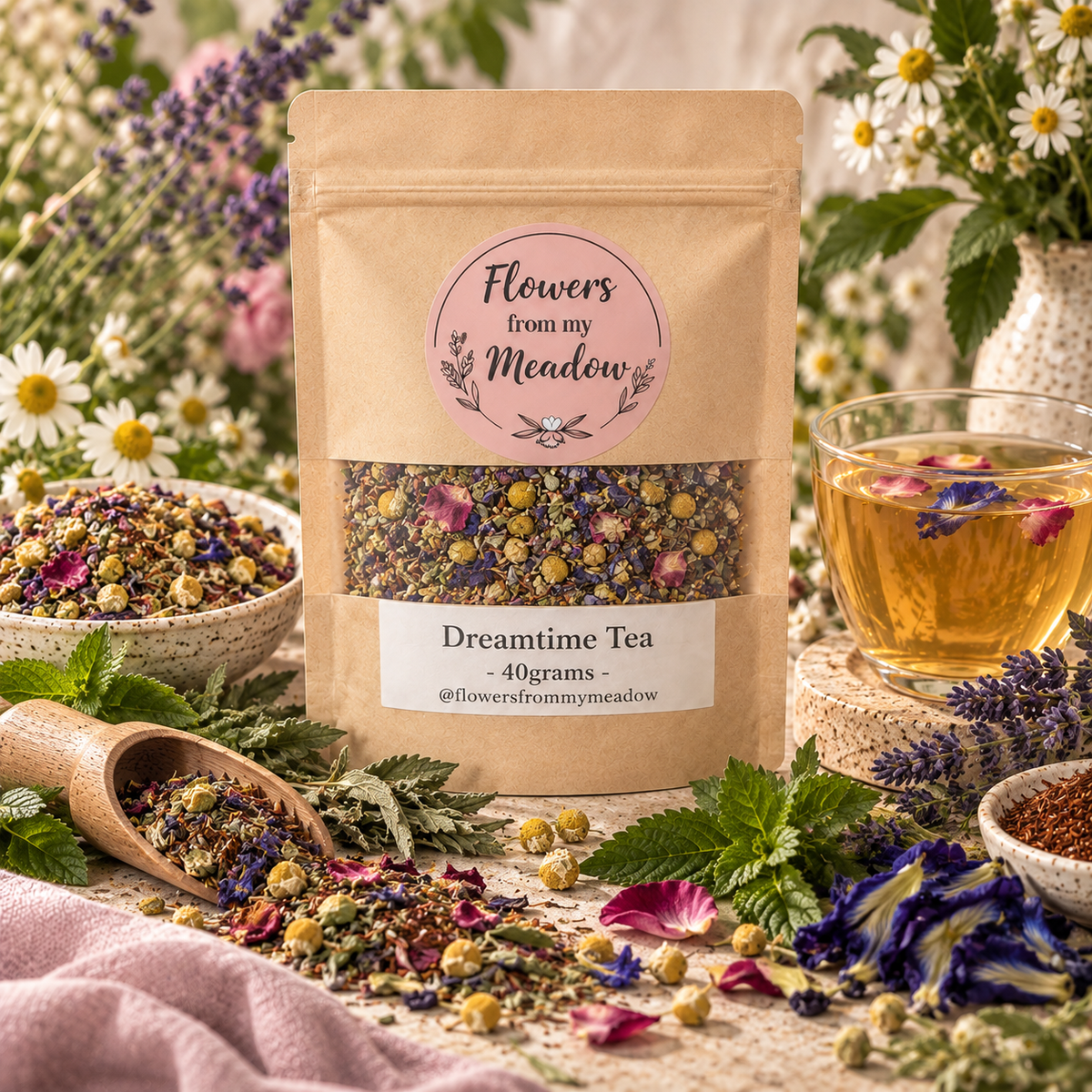Dreamtime Tea 40 g herbal blend with Chamomile, Peppermint, Lavender, Lemon Verbena, Cornflower, Rose, Mugwort, Butterfly Pea Flower, Rooibos and Lemon Balm beside a golden botanical infusion
