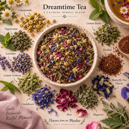 Dreamtime Tea botanical blend with Chamomile, Peppermint, Lavender, Lemon Verbena, Cornflower, Rose, Mugwort, Butterfly Pea Flower, Rooibos and Lemon Balm