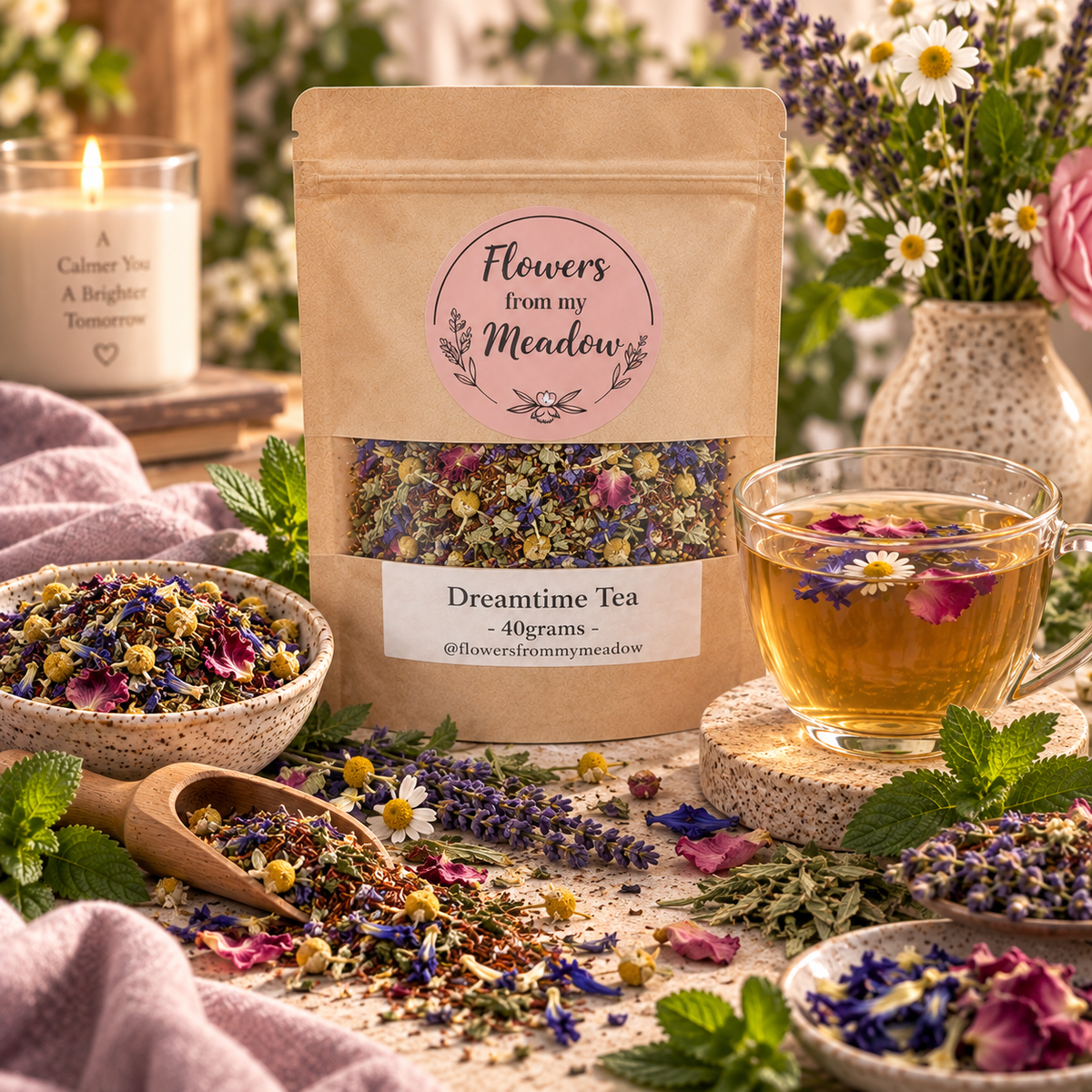 Dreamtime Tea 40 g with a warm brewed herbal infusion and loose Chamomile, Lavender, Rose, Cornflower, Butterfly Pea Flower and leafy botanicals