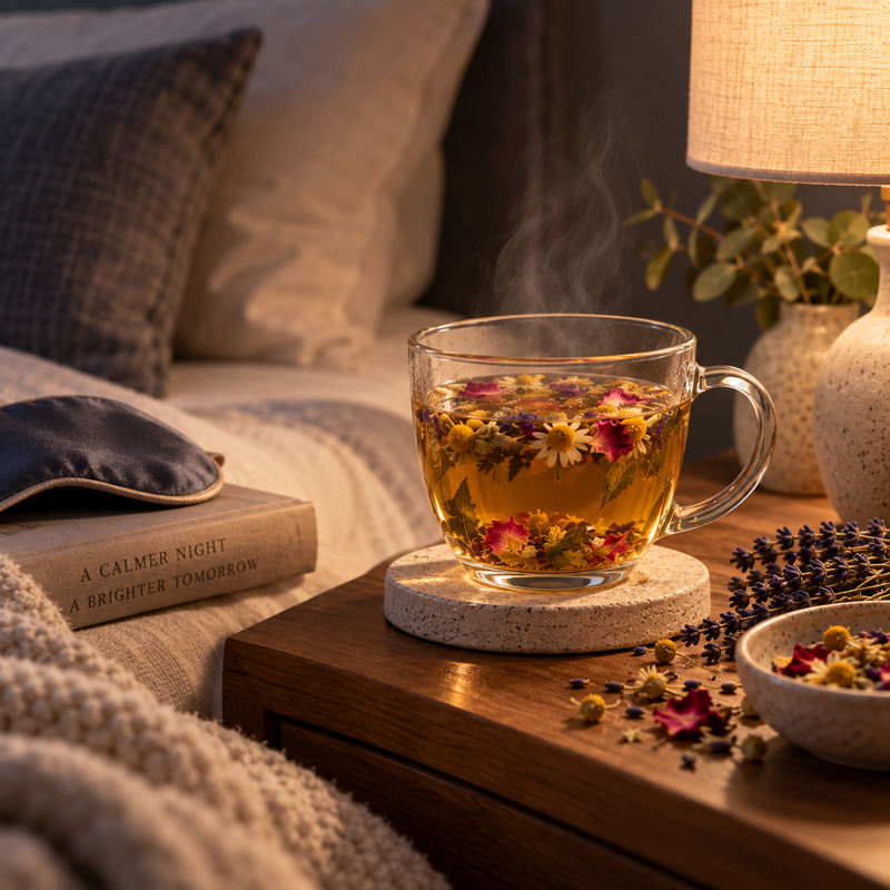 Warm cup of Dreamtime Tea beside a bed with lavender and soft lamplight for an evening tea ritual