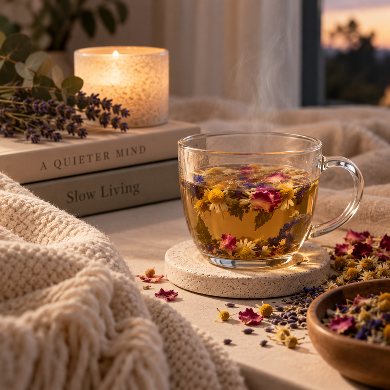 Warm cup of Dreamtime Tea with botanicals, lavender and candlelight for a quiet evening ritual