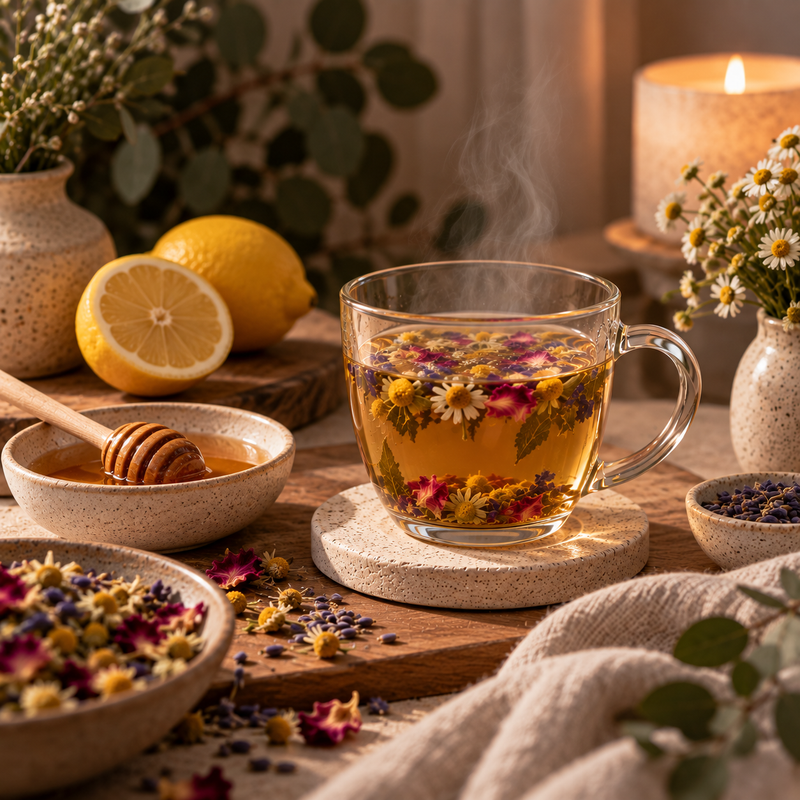 Dreamtime Tea served with honey, fresh lemon and botanicals for a personalised evening tea ritual