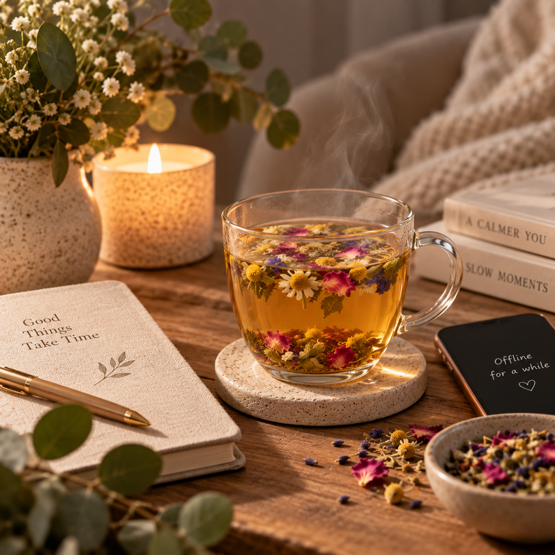 Dreamtime Tea with a journal, candle and phone set aside for a peaceful screen-free evening pause