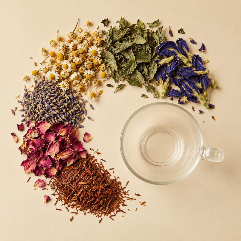 Dreamtime Tea botanicals arranged beside an empty glass cup before brewing