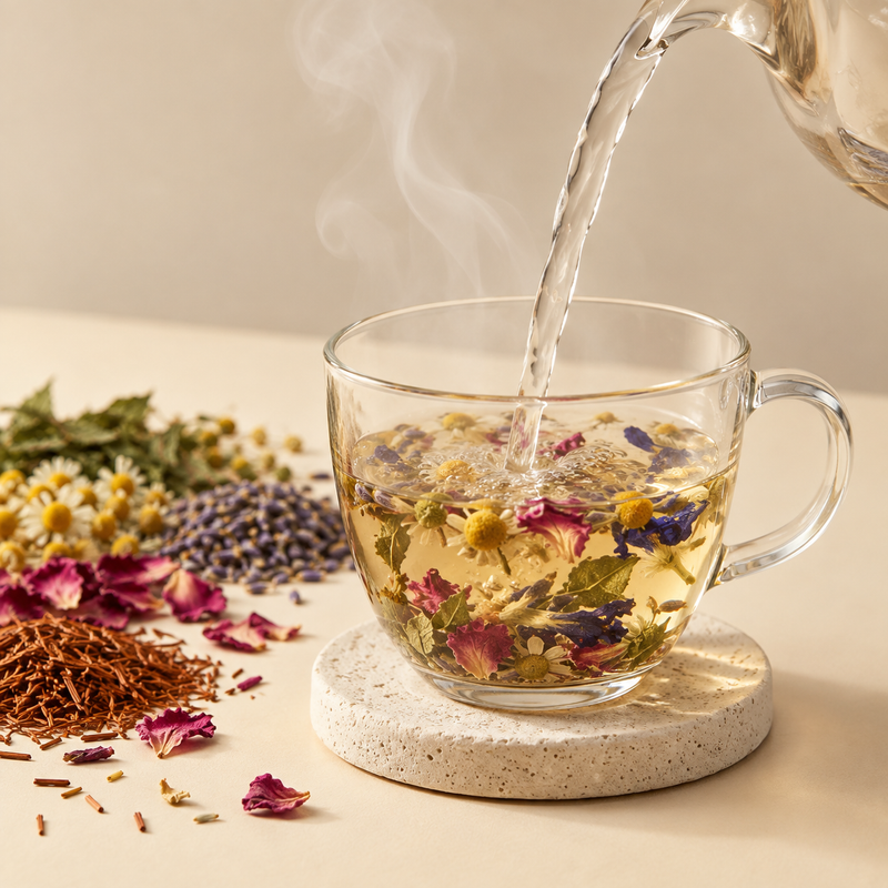 Freshly boiled water poured over Dreamtime Tea botanicals in a clear glass cup