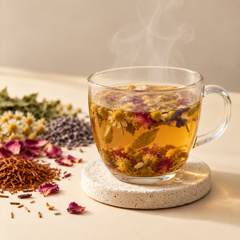 Dreamtime Tea botanicals steeping in a golden herbal infusion in a clear glass cup