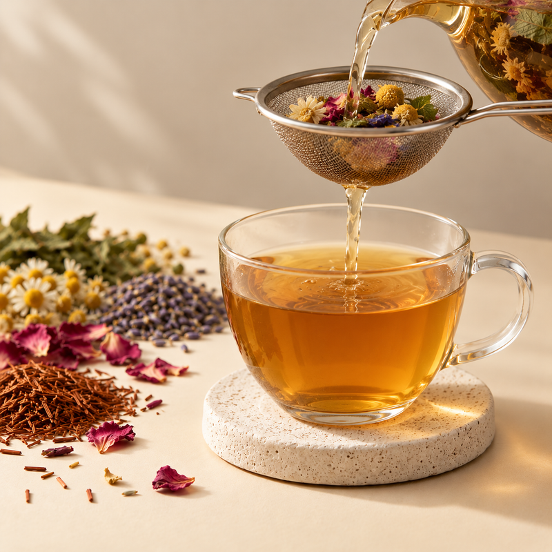 Dreamtime Tea herbal infusion being strained into a clear glass cup ready to enjoy