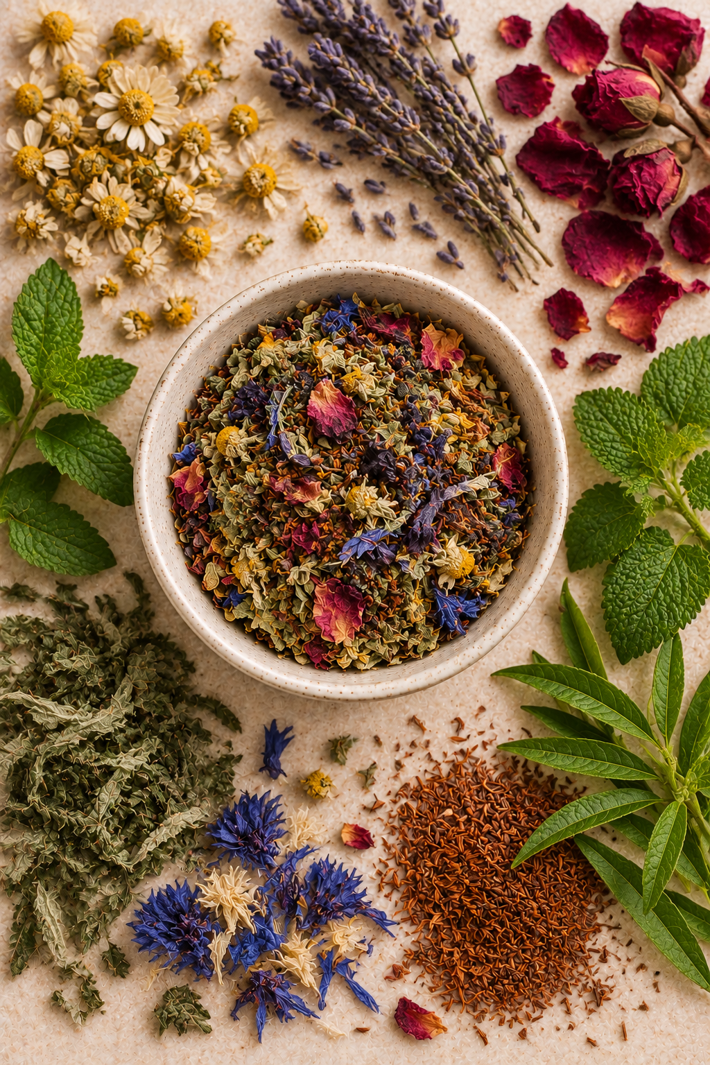 Dreamtime loose leaf tea surrounded by chamomile, lavender, rose, peppermint, lemon balm, rooibos and colourful botanicals