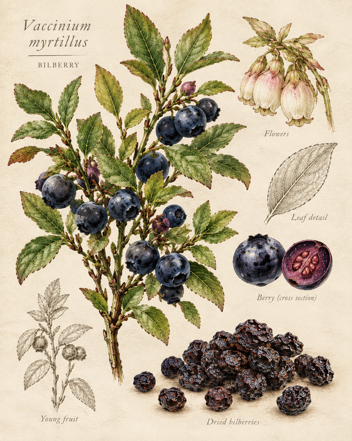 Botanical field-guide illustration of bilberry, Vaccinium myrtillus