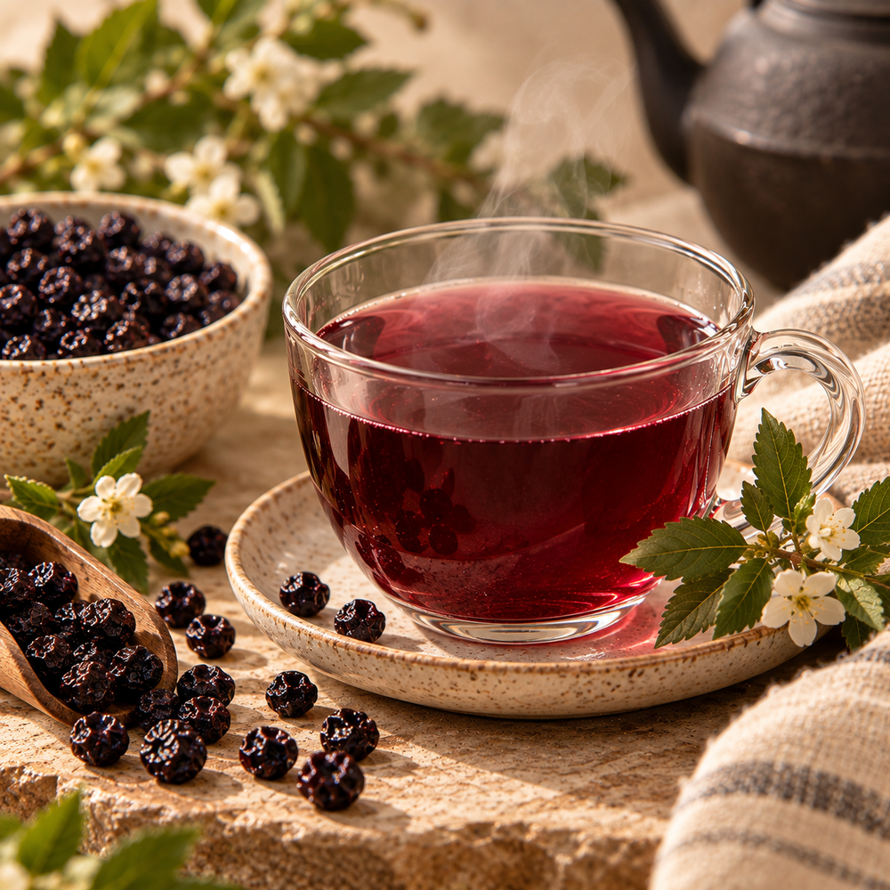 Warm strained bilberry infusion made from whole dried bilberries