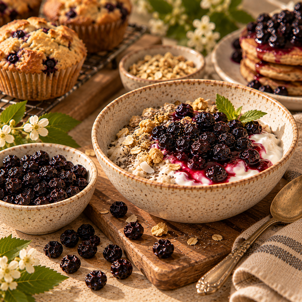Dried bilberries used in porridge, baked goods and other culinary creations