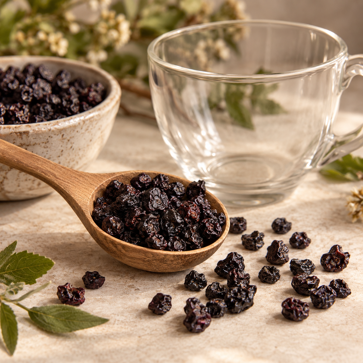 Whole dried bilberries measured with a wooden spoon beside an empty glass cup