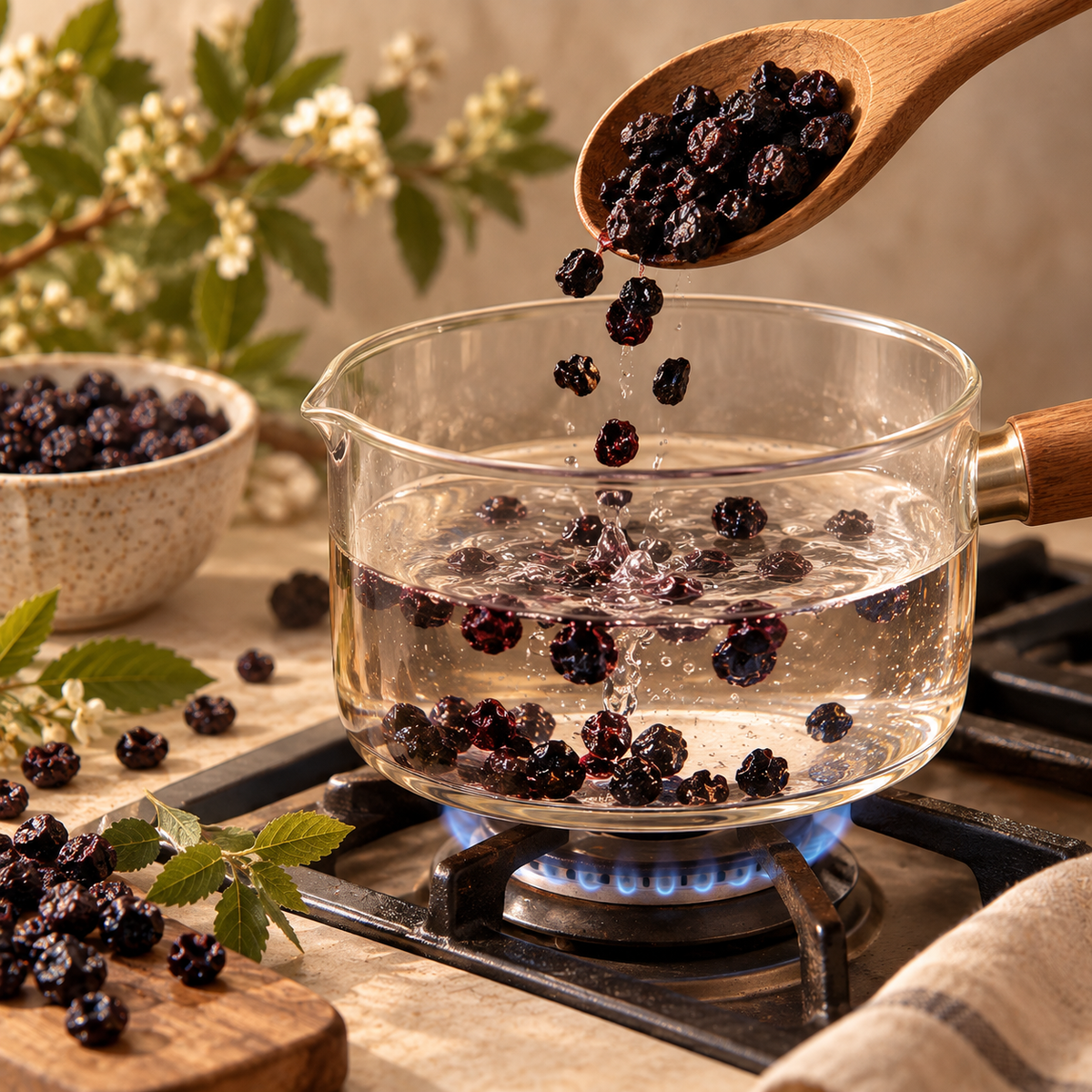 Whole dried bilberries added to water in a saucepan for stovetop preparation