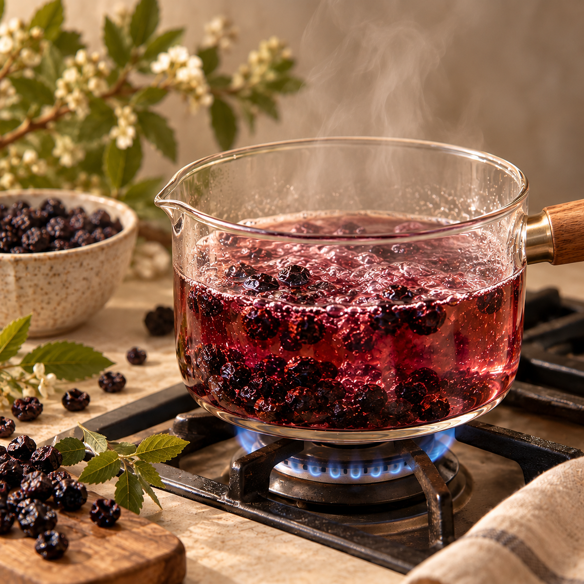 Whole dried bilberries gently simmering in water to create a deep berry infusion