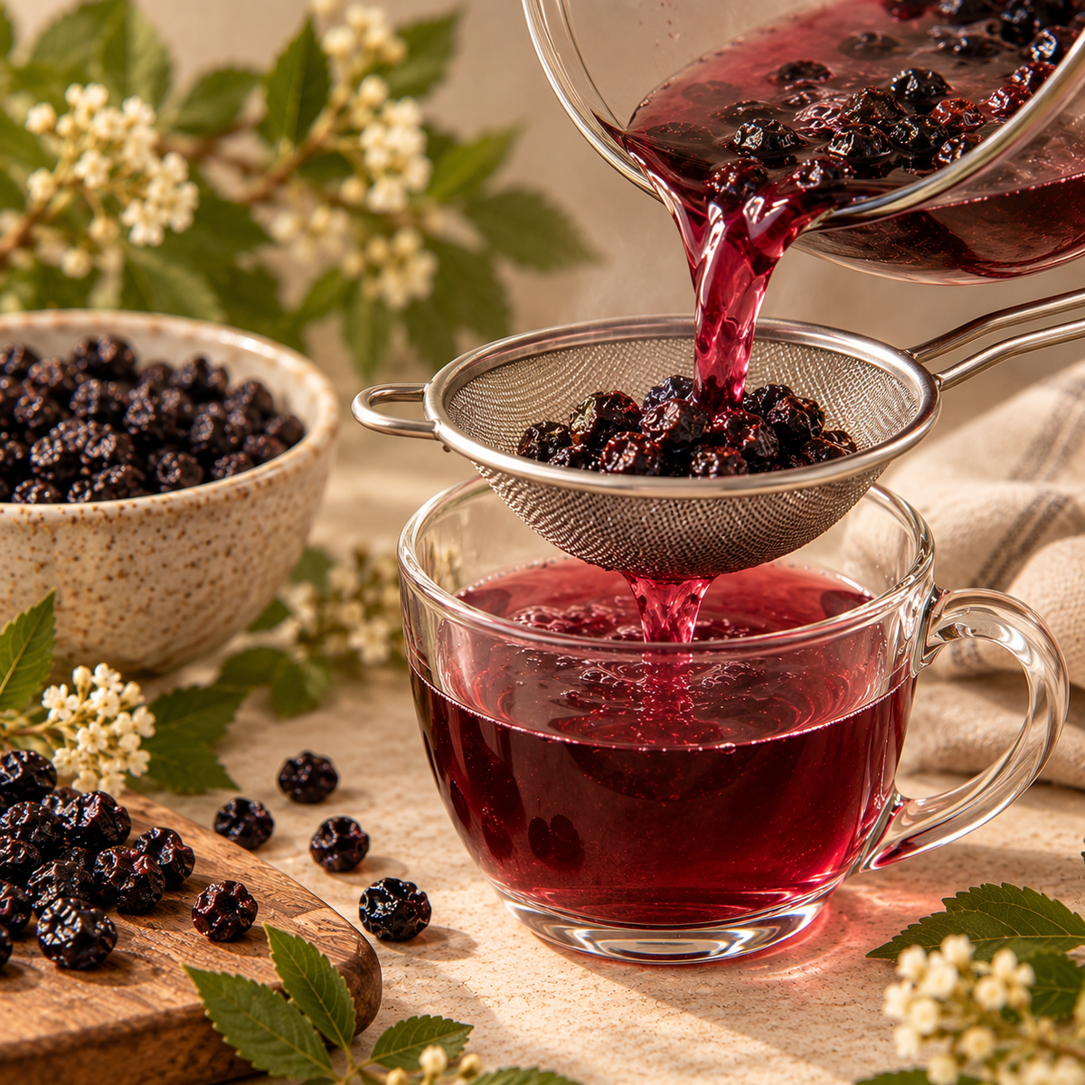 Bilberry infusion strained into a clear glass cup after stovetop preparation