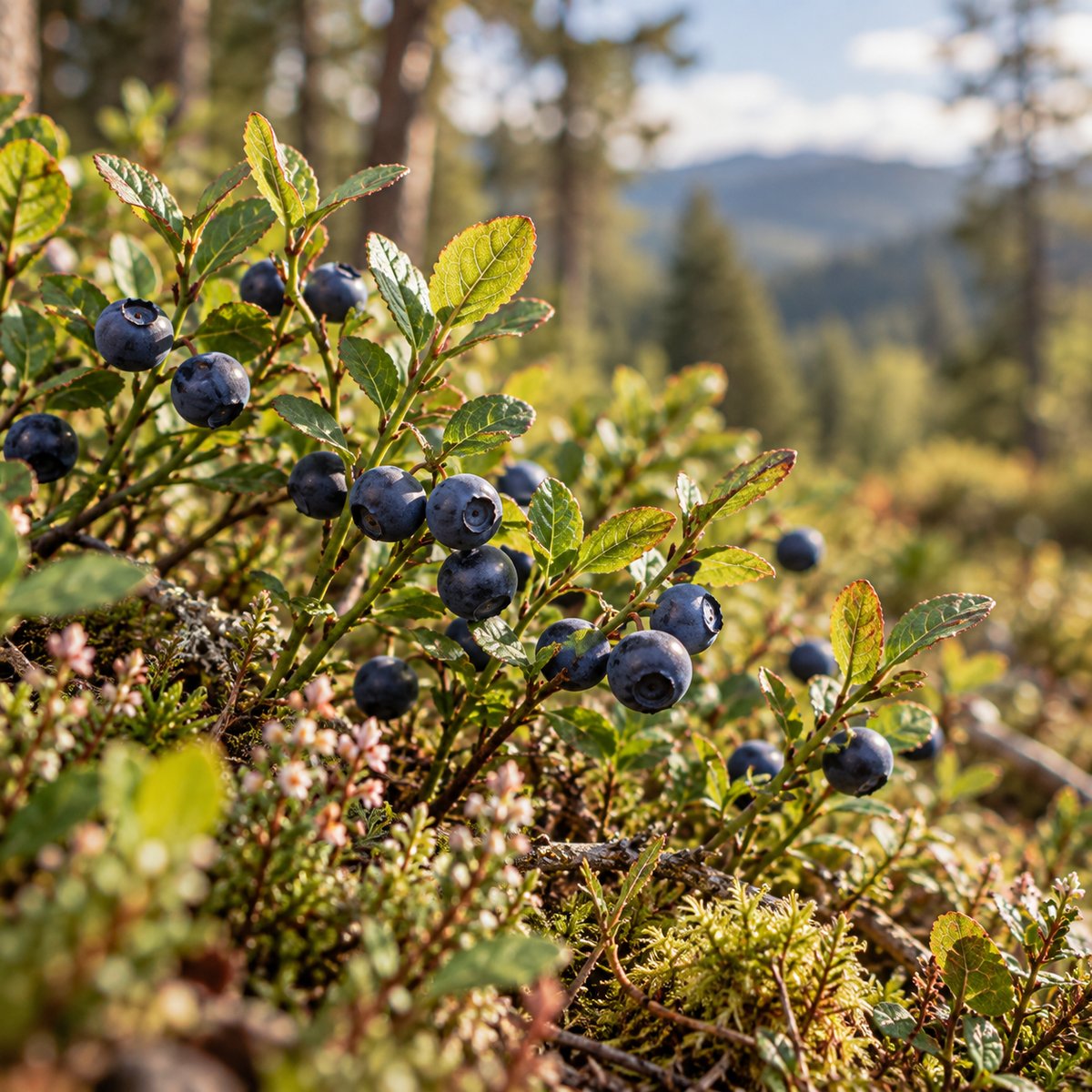 Wild Vaccinium myrtillus bilberries growing in a natural woodland setting