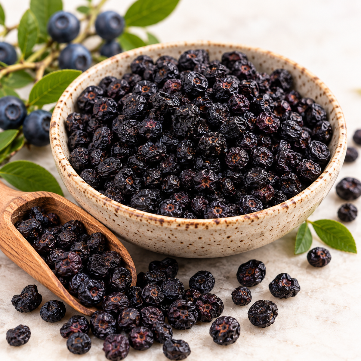 Whole dried bilberries with fresh Vaccinium myrtillus berries and leaves