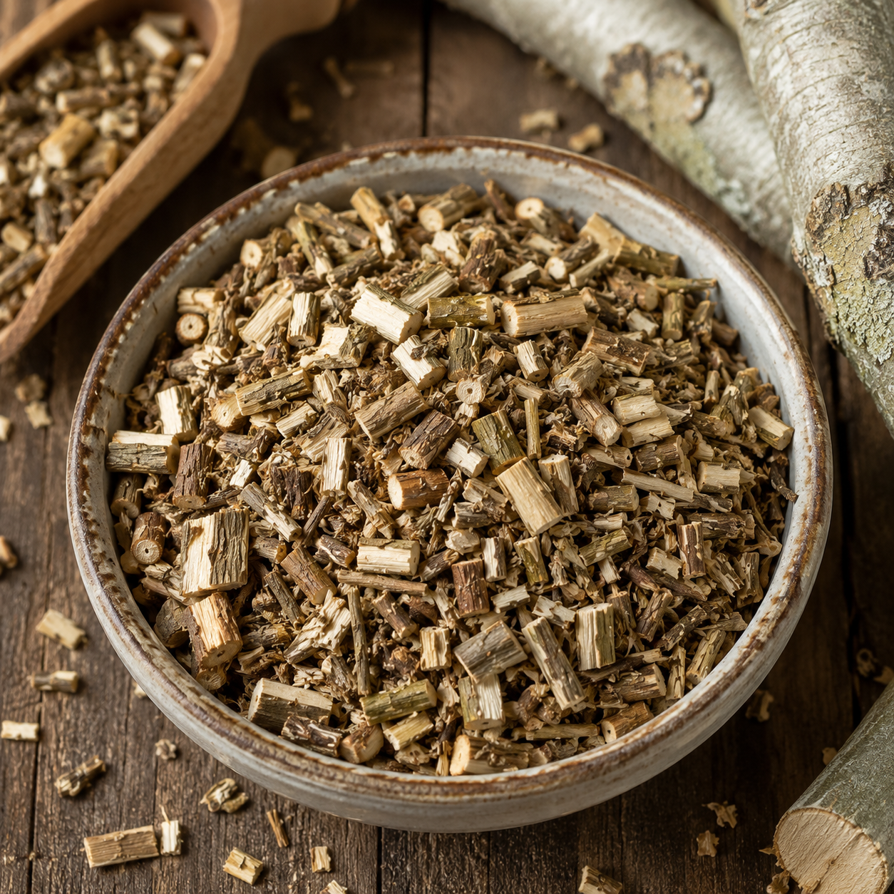 Close-up of dried White Willow Bark (Salix alba) for preparing traditional willow bark tea