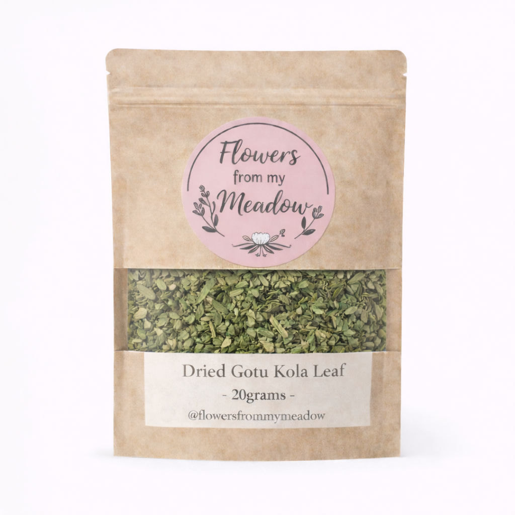 Kraft paper packaging of dried Gotu Kola Leaf with a pink label on a white background