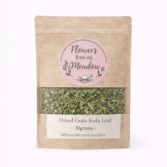 Kraft paper packaging of dried Gotu Kola Leaf with a pink label on a white background