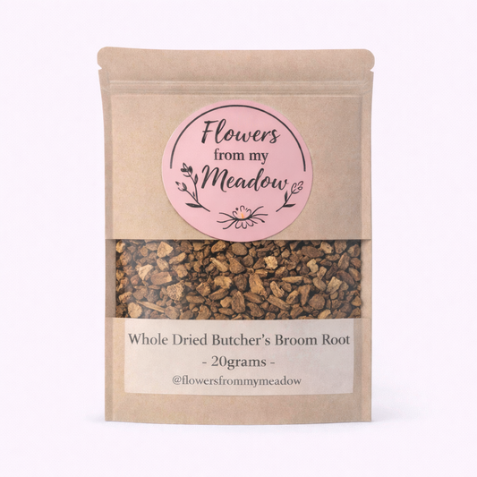 Package of whole dried butcher's broom root with 'Flowers from my Meadow' label on a white background