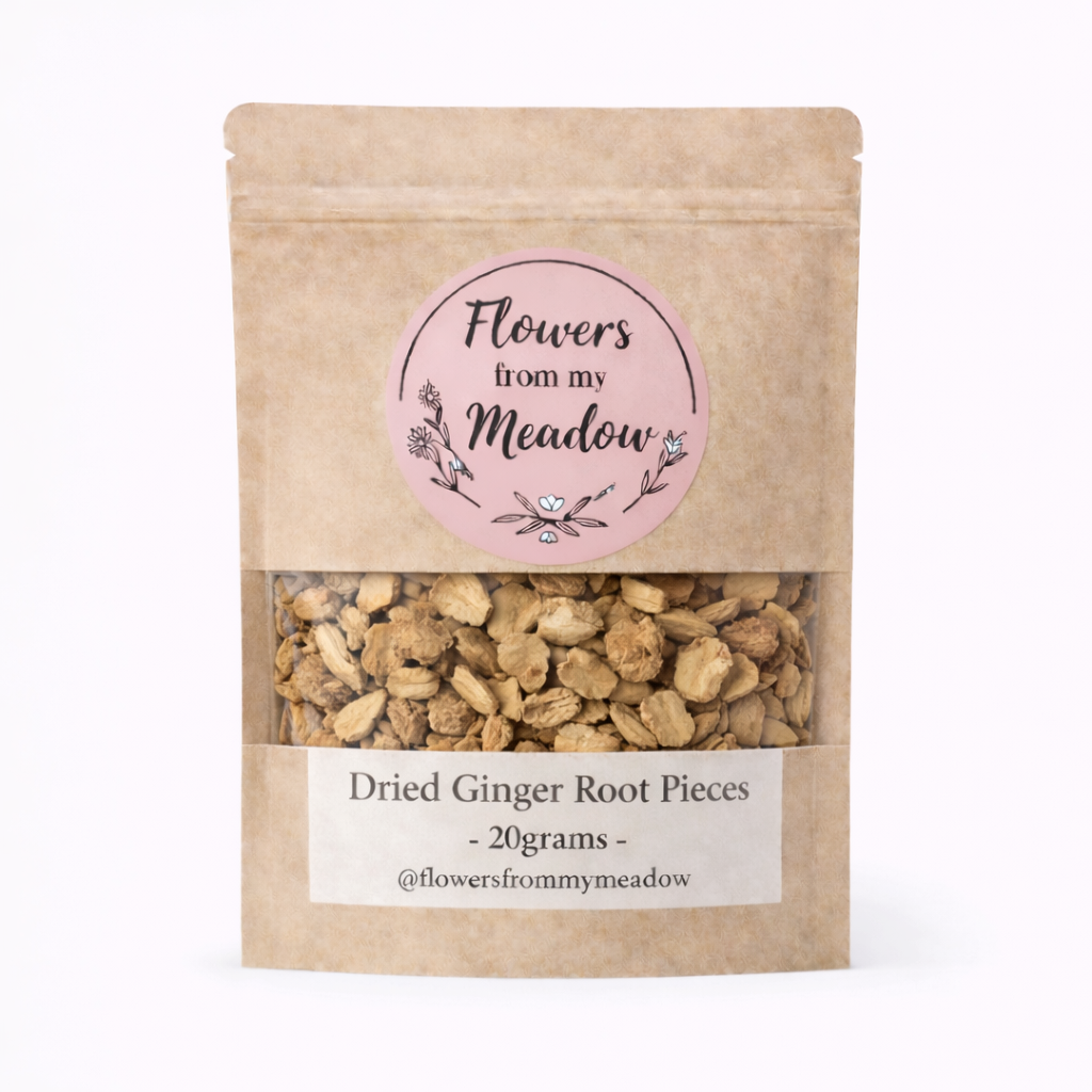 Kraft paper packaging with dried ginger root pieces and a 'Flowers from my Meadow' label on a white background.