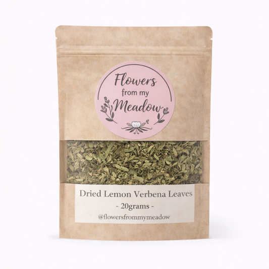 Kraft paper packaging of dried lemon verbena leaves with a 'Flowers from my Meadow' label on a white background.