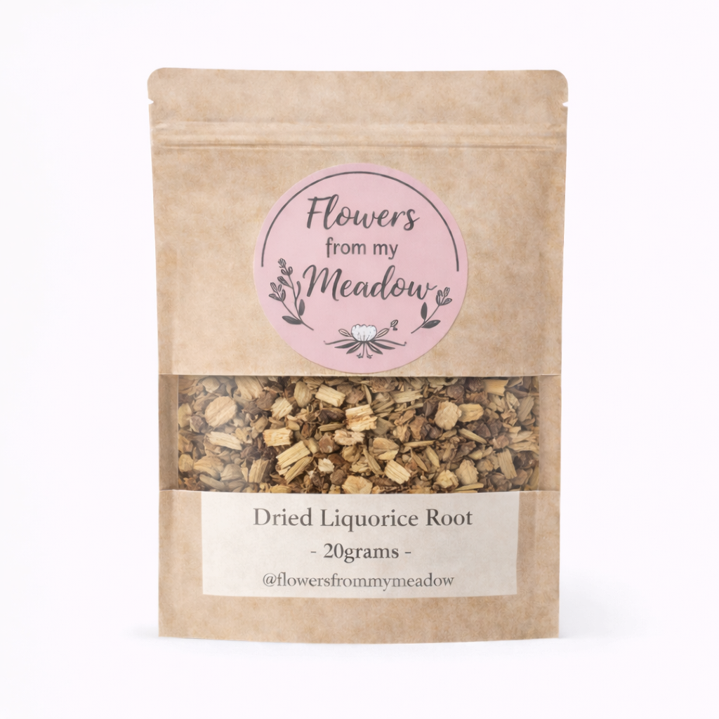 Kraft paper packaging of dried liquorice root with a label on a white background