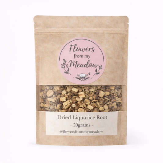 Kraft paper packaging of dried liquorice root with a label on a white background
