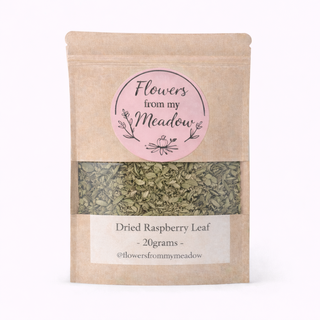 Package of dried raspberry leaf with 'Flowers from my Meadow' label on a white background