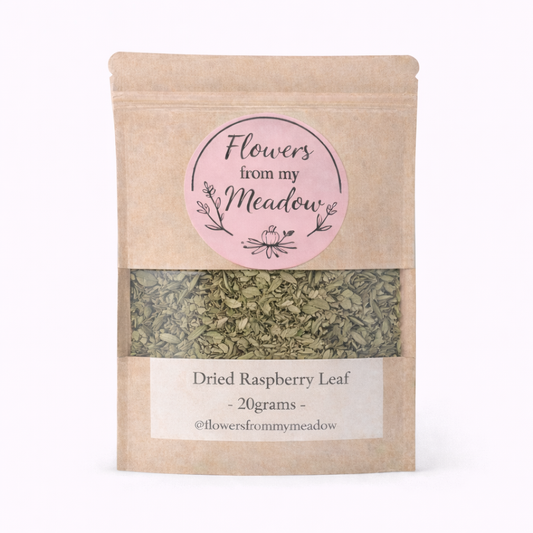 Package of dried raspberry leaf with 'Flowers from my Meadow' label on a white background