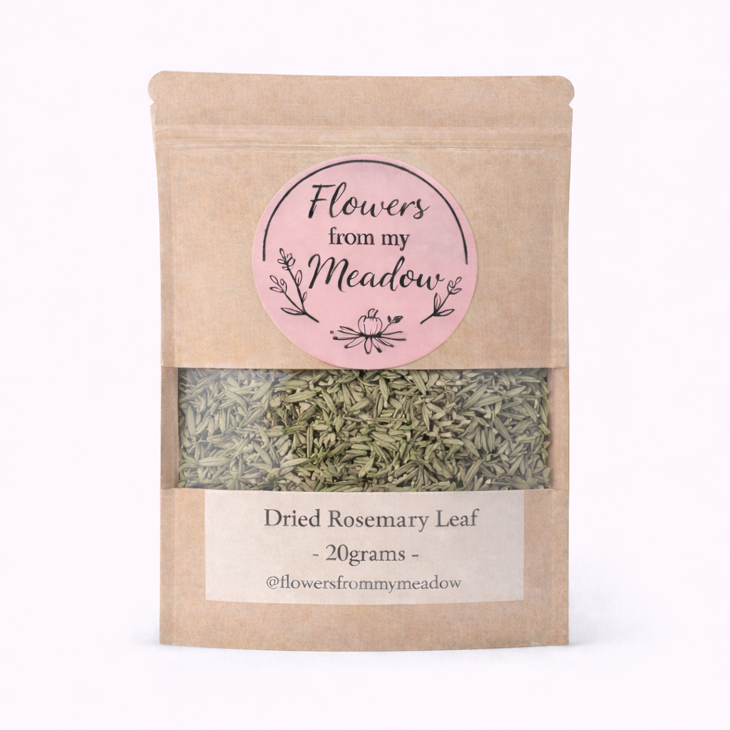 Package of dried rosemary leaves with 'Flowers from my Meadow' label on a white background