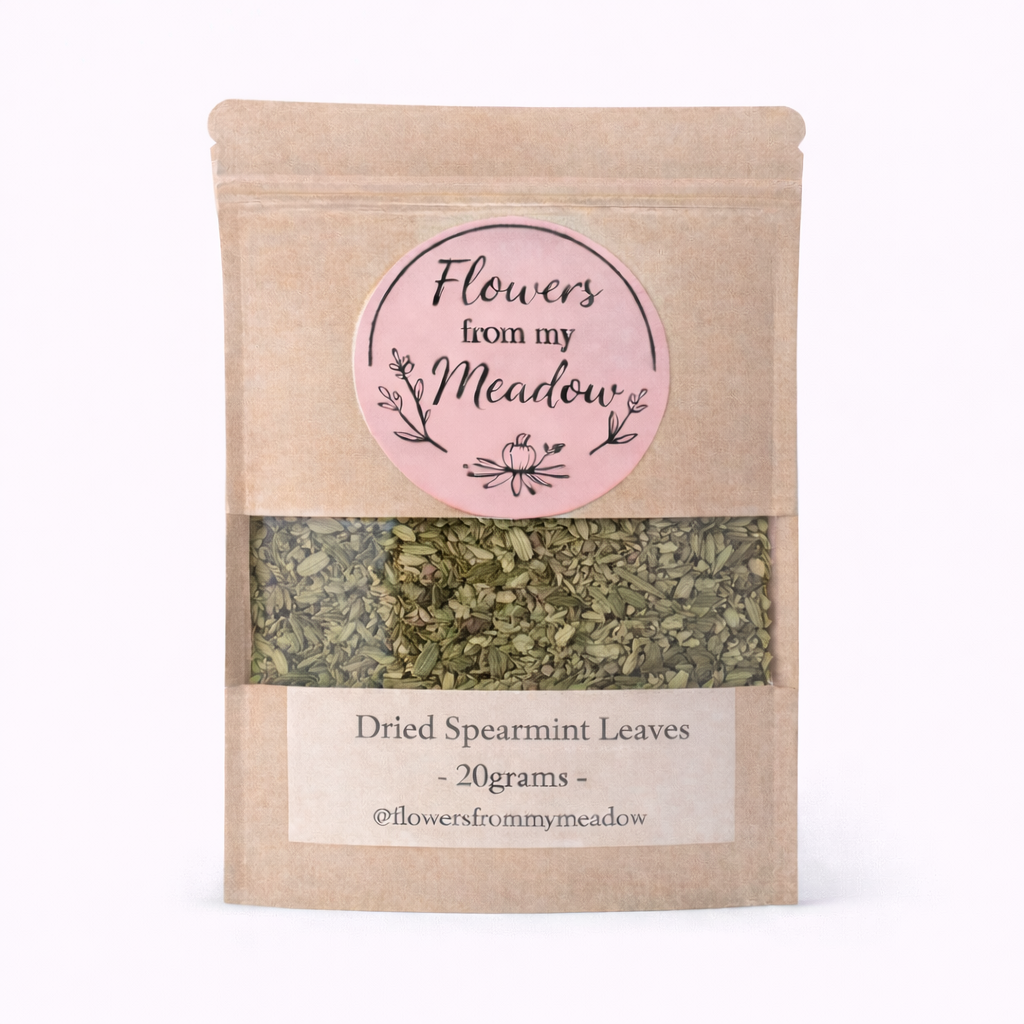 Package of dried spearmint leaves with 'Flowers from my Meadow' label on a white background