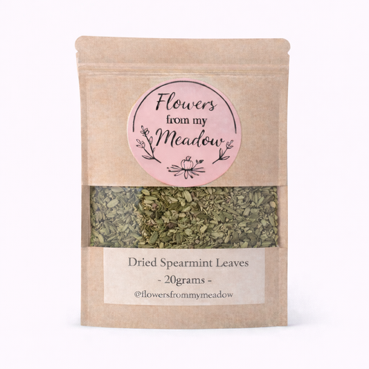 Package of dried spearmint leaves with 'Flowers from my Meadow' label on a white background