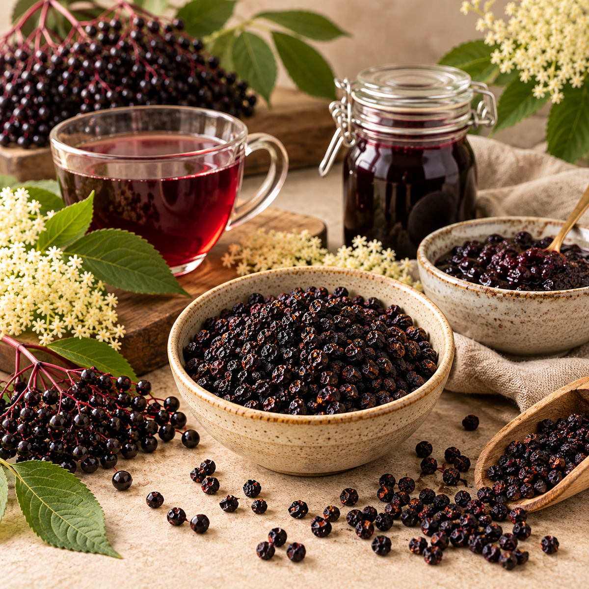 Dried elderberries for botanical infusions, syrups, preserves and culinary preparations